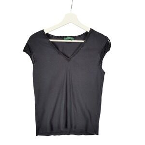 Ralph Lauren LRL Preppy Nautical Knit Top Crochet Trim V Neck Black Women L Goth